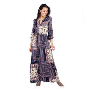 One World Keyhole Front 3/4 Sleeve Maxi with Back Crochet